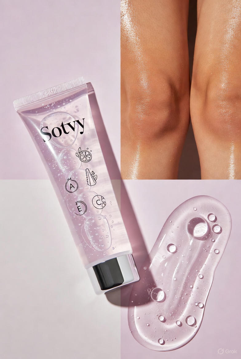 Гель Sotvy - крупный план текстуры: капли геля с иконками витаминов A, E, C и алоэ